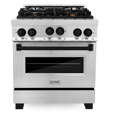 ZLINE Autograph Package - 30 In. Gas Range, Range Hood, Refrigerator, and Dishwasher in Stainless Steel with Matte Black Accents, 4AKPR-RGRHDWM30-MB