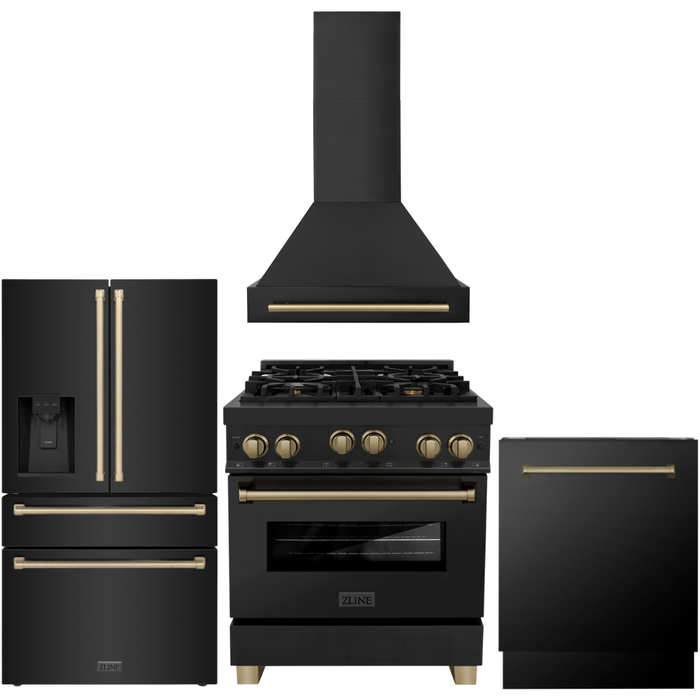 ZLINE Autograph Package - 30 In. Gas Range, Range Hood, Refrigerator with Water and Ice Dispenser, and Dishwasher in Black Stainless Steel with Champagne Bronze Accents, 4KAPR-RGBRHDWV30-CB