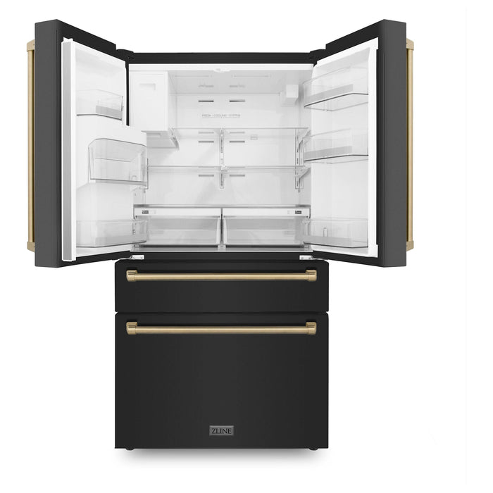 ZLINE Autograph Package - 30 In. Gas Range, Range Hood, Refrigerator with Water and Ice Dispenser, and Dishwasher in Black Stainless Steel with Champagne Bronze Accents, 4KAPR-RGBRHDWV30-CB