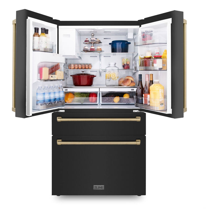 ZLINE Autograph Package - 30 In. Gas Range, Range Hood, Refrigerator with Water and Ice Dispenser, and Dishwasher in Black Stainless Steel with Champagne Bronze Accents, 4KAPR-RGBRHDWV30-CB