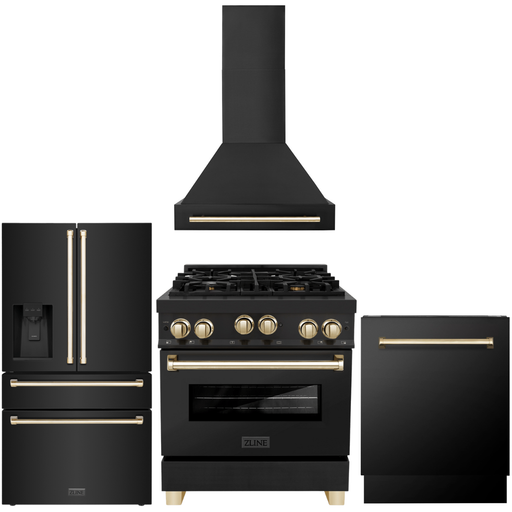 ZLINE Autograph Package - 30 In. Gas Range, Range Hood, Refrigerator with Water and Ice Dispenser, and Dishwasher in Black Stainless Steel with Gold Accents, 4AKPR-RGBRHDWV30-G