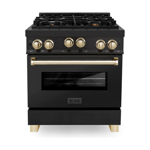 ZLINE Autograph Package - 30 In. Gas Range, Range Hood, Refrigerator with Water and Ice Dispenser, and Dishwasher in Black Stainless Steel with Gold Accents, 4AKPR-RGBRHDWV30-G