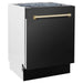 ZLINE Autograph Package - 30 In. Gas Range, Range Hood, Refrigerator with Water and Ice Dispenser, and Dishwasher in Black Stainless Steel with Gold Accents, 4AKPR-RGBRHDWV30-G