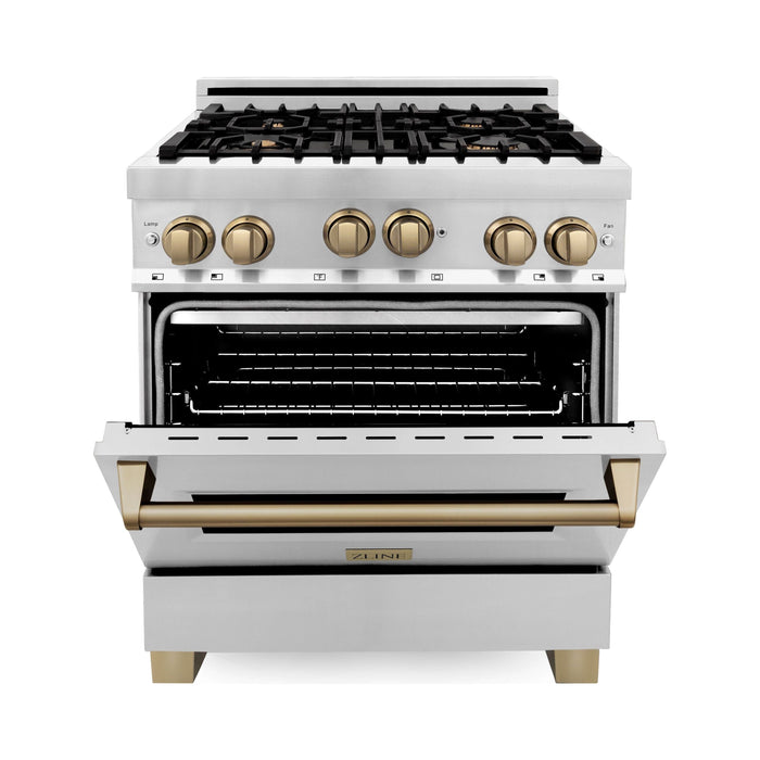 ZLINE Autograph Package - 30 In. Gas Range, Range Hood, Refrigerator with Water and Ice Dispenser, Dishwasher with Champagne Bronze Accent, 4AKPR-RGRHDWM30-CB