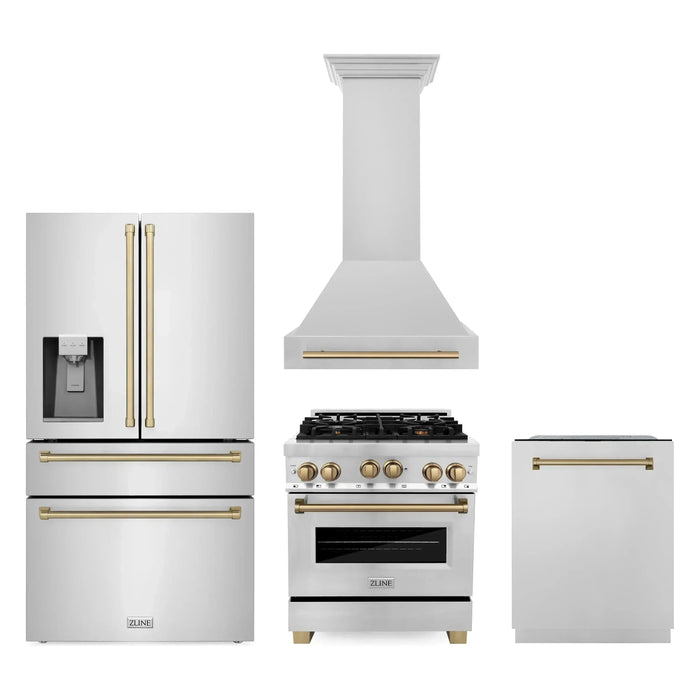 ZLINE Autograph Package - 30 In. Gas Range, Range Hood, Refrigerator with Water and Ice Dispenser, Dishwasher with Champagne Bronze Accent, 4AKPR-RGRHDWM30-CB