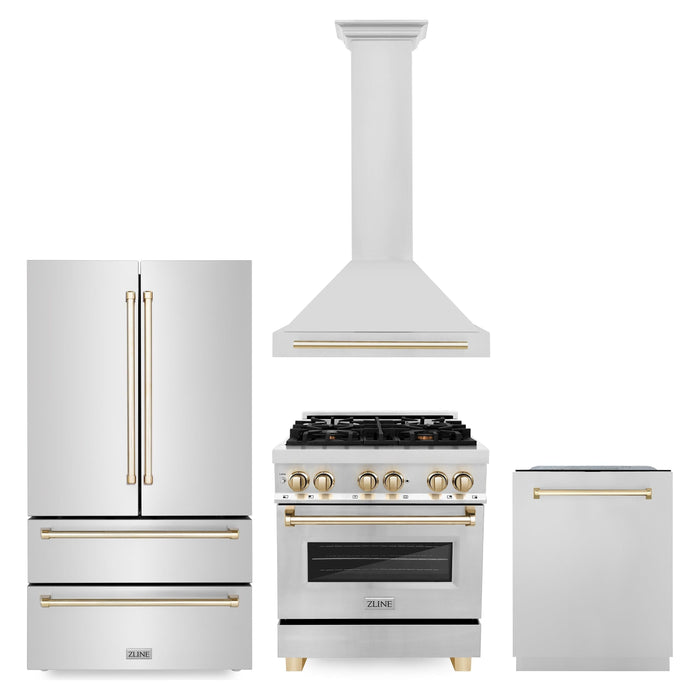 ZLINE Autograph Package - 30 Inch Dual Fuel Range, Range Hood, Dishwasher, Refrigerator in Stainless Steel with Gold Accents, 4KAPR-RARHDWM30-G