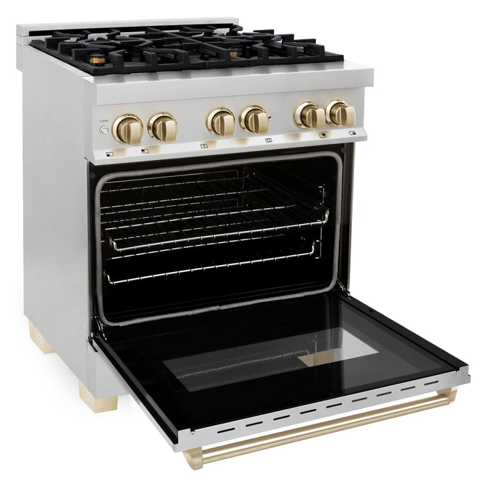 ZLINE Autograph Package - 30 Inch Dual Fuel Range, Range Hood, Dishwasher, Refrigerator in Stainless Steel with Gold Accents, 4KAPR-RARHDWM30-G