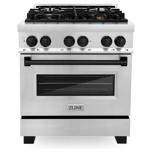 ZLINE Autograph Package - 30 Inch Dual Fuel Range, Range Hood, Dishwasher, Refrigerator in Stainless Steel with Matte Black Accents, 4KAPR-RGRHDWM30-MB