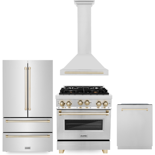 ZLINE Autograph Package - 30 Inch Gas Range, Range Hood, Dishwasher, Refrigerator in Stainless Steel with Gold Accents, 4KAPR-RGRHDWM30-G