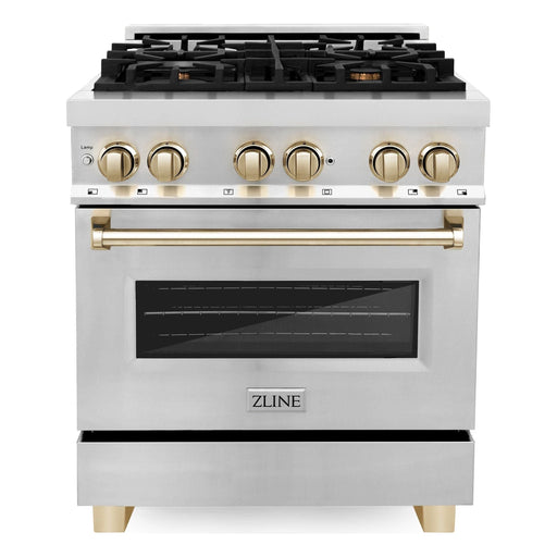 ZLINE Autograph Package - 30 Inch Gas Range, Range Hood, Dishwasher, Refrigerator in Stainless Steel with Gold Accents, 4KAPR-RGRHDWM30-G