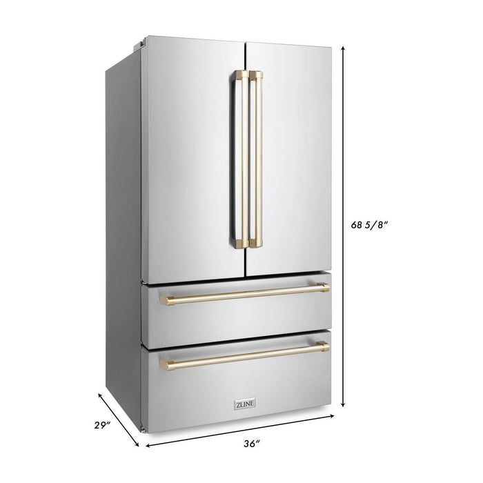 ZLINE Autograph Package - 30 Inch Gas Range, Range Hood, Dishwasher, Refrigerator in Stainless Steel with Gold Accents, 4KAPR-RGRHDWM30-G