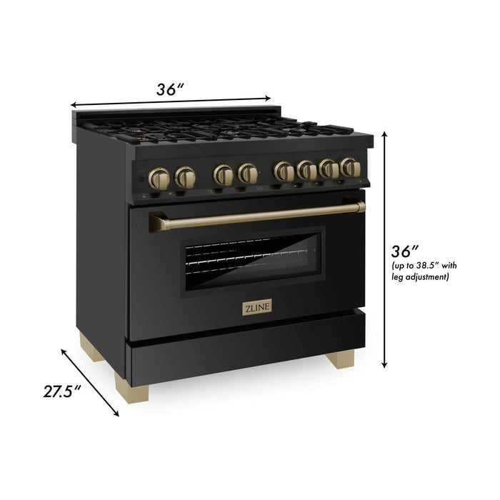 ZLINE Autograph Package - 36 In. Dual Fuel Range and Range Hood in Black Stainless Steel with Champagne Bronze Accents, 2AKP-RABRH36-CB