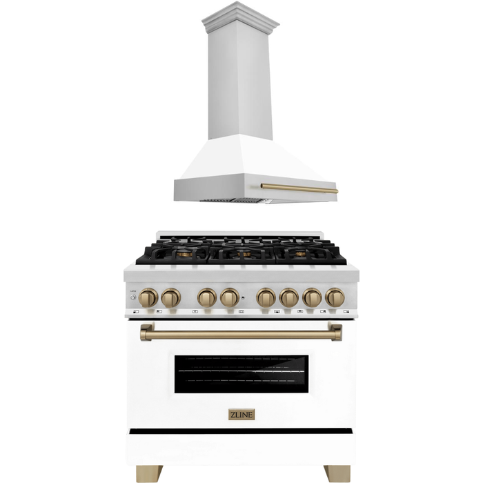 ZLINE Autograph Package - 36 In. Dual Fuel Range and Range Hood with White Matte Door and Bronze Accents, 2AKP-RAWMRH36-CB