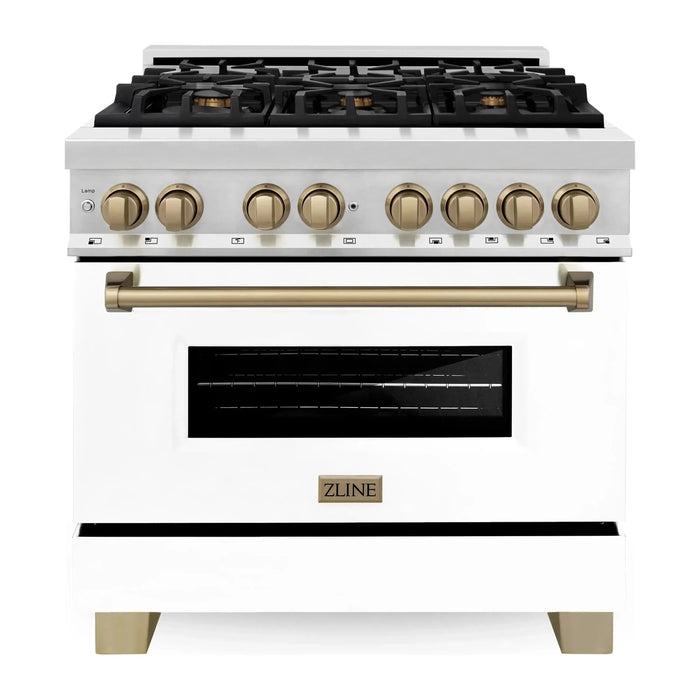 ZLINE Autograph Package - 36 In. Dual Fuel Range and Range Hood with White Matte Door and Bronze Accents, 2AKP-RAWMRH36-CB