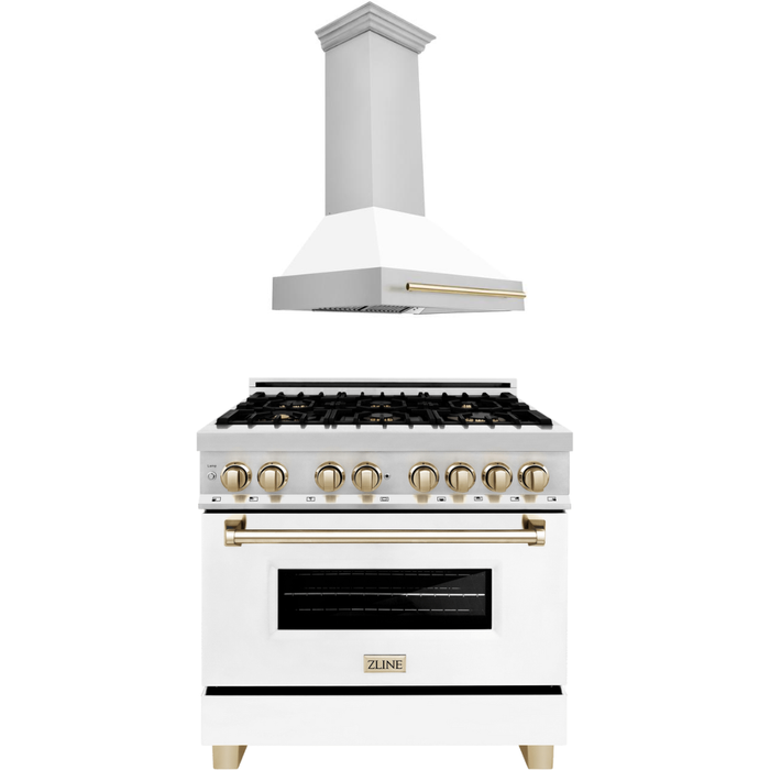 ZLINE Autograph Package - 36 In. Dual Fuel Range and Range Hood with White Matte Door and Gold Accents, 2AKP-RAWMRH36-G