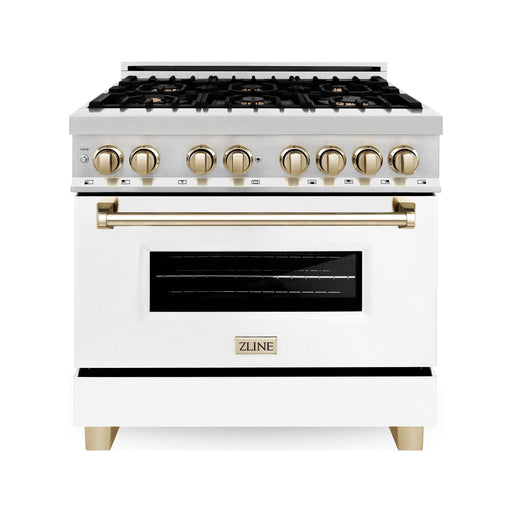 ZLINE Autograph Package - 36 In. Dual Fuel Range and Range Hood with White Matte Door and Gold Accents, 2AKP-RAWMRH36-G