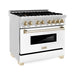 ZLINE Autograph Package - 36 In. Dual Fuel Range and Range Hood with White Matte Door and Gold Accents, 2AKP-RAWMRH36-G