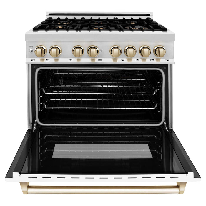 ZLINE Autograph Package - 36 In. Dual Fuel Range and Range Hood with White Matte Door and Gold Accents, 2AKP-RAWMRH36-G