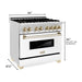 ZLINE Autograph Package - 36 In. Dual Fuel Range and Range Hood with White Matte Door and Gold Accents, 2AKP-RAWMRH36-G