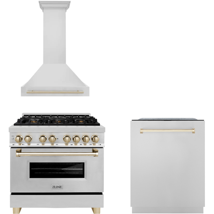 ZLINE Autograph Package - 36 In. Dual Fuel Range, Range Hood and Dishwasher in Stainless Steel with Gold Accents, 3AKP-RARHDWM36-G