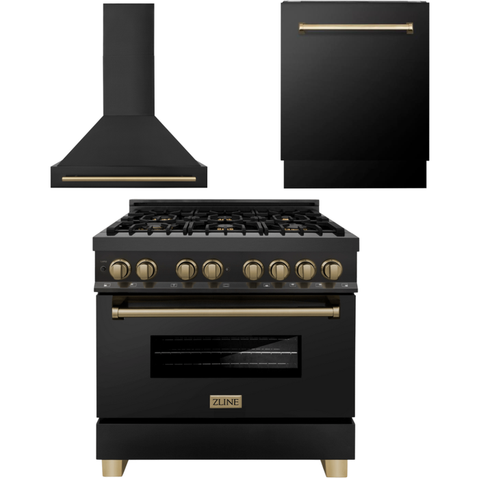 ZLINE Autograph Package - 36 In. Dual Fuel Range, Range Hood, Dishwasher in Black Stainless Steel with Champagne Bronze Accent, 3AKP-RABRHDWV36-CB