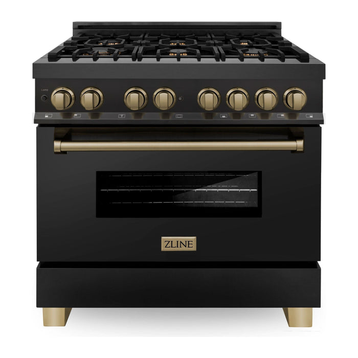 ZLINE Autograph Package - 36 In. Dual Fuel Range, Range Hood, Dishwasher in Black Stainless Steel with Champagne Bronze Accent, 3AKP-RABRHDWV36-CB