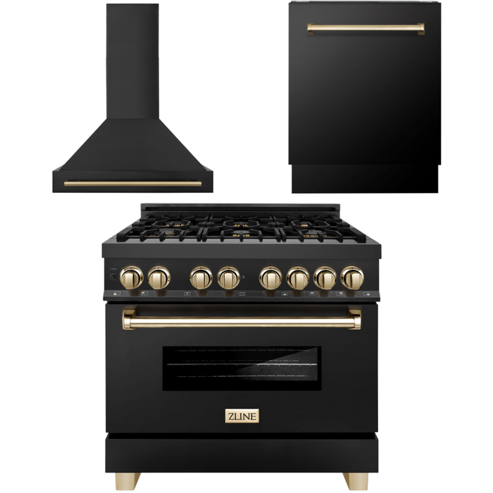 ZLINE Autograph Package - 36 In. Dual Fuel Range, Range Hood, Dishwasher in Black Stainless Steel with Gold Accent, 3AKP-RABRHDWV36-G