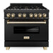 ZLINE Autograph Package - 36 In. Dual Fuel Range, Range Hood, Dishwasher in Black Stainless Steel with Gold Accent, 3AKP-RABRHDWV36-G