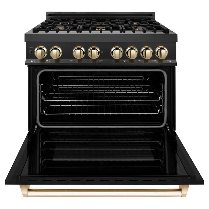 ZLINE Autograph Package - 36 In. Dual Fuel Range, Range Hood, Dishwasher in Black Stainless Steel with Gold Accent, 3AKP-RABRHDWV36-G