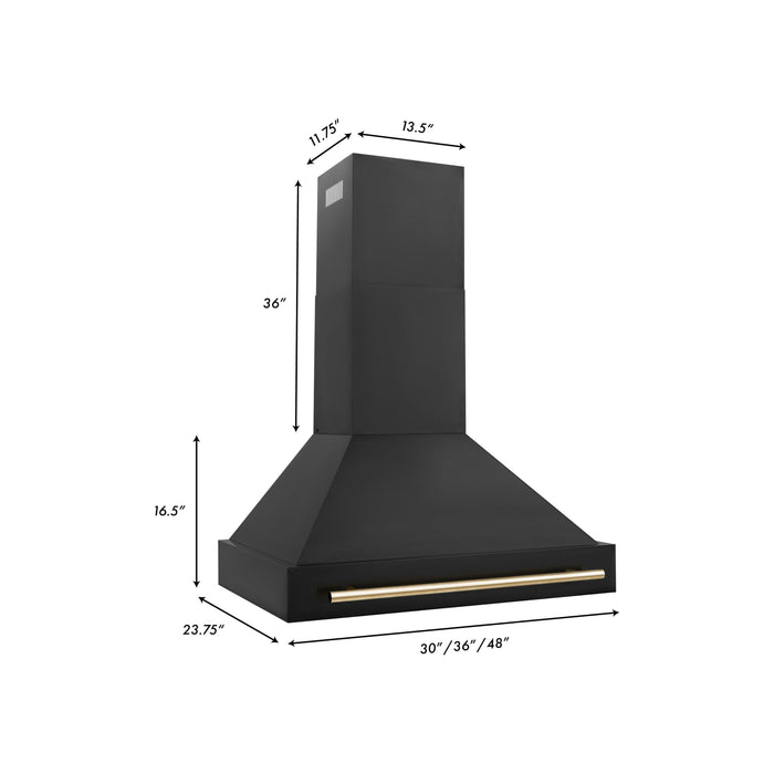 ZLINE Autograph Package - 36 In. Dual Fuel Range, Range Hood, Dishwasher in Black Stainless Steel with Gold Accent, 3AKP-RABRHDWV36-G