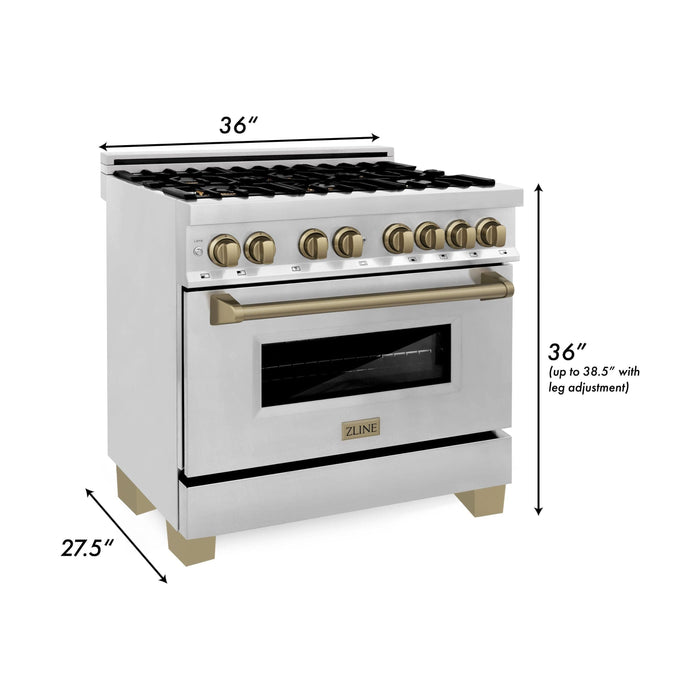 ZLINE Autograph Package - 36 In. Dual Fuel Range, Range Hood, Dishwasher in Stainless Steel with Champagne Bronze Accents, 3AKP-RARHDWM36-CB