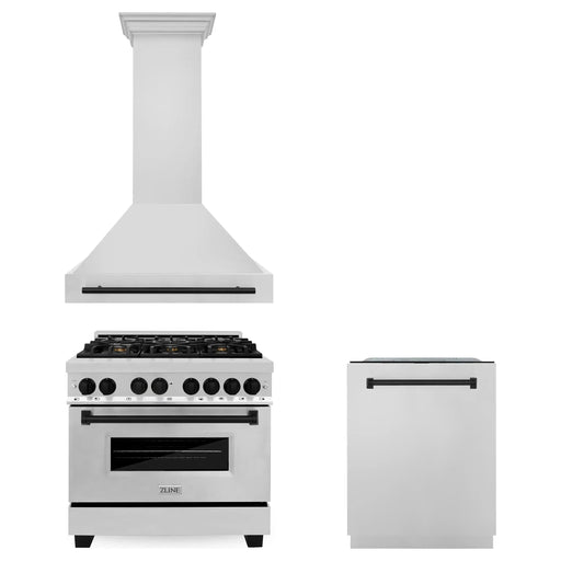 ZLINE Autograph Package - 36 In. Dual Fuel Range, Range Hood, Dishwasher in Stainless Steel with Matte Black Accent, 3AKP-RARHDWM36-MB