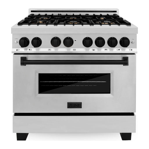 ZLINE Autograph Package - 36 In. Dual Fuel Range, Range Hood, Dishwasher in Stainless Steel with Matte Black Accent, 3AKP-RARHDWM36-MB