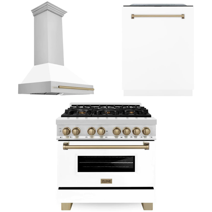 ZLINE Autograph Package - 36 In. Dual Fuel Range, Range Hood, Dishwasher in White Matte with Champagne Bronze Accents, 3AKP-RAWMRHDWM36-CB