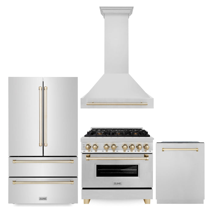 ZLINE Autograph Package - 36 In. Dual Fuel Range, Range Hood, Dishwasher, Refrigerator with Gold Accents, 4KAPR-RARHDWM36-G