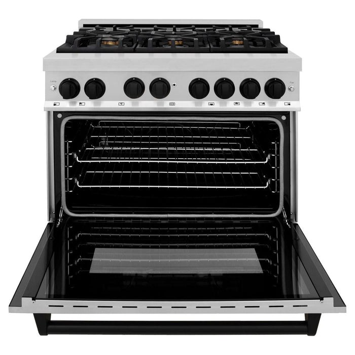 ZLINE Autograph Package - 36 In. Dual Fuel Range, Range Hood, Dishwasher, Refrigerator with Matte Black Accents, 4KAPR-RARHDWM36-MB