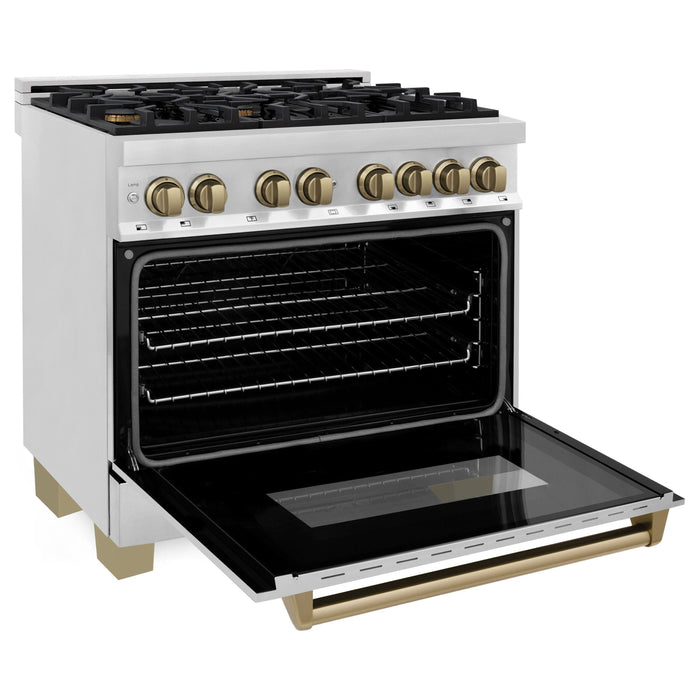 ZLINE Autograph Package - 36 In. Dual Fuel Range, Range Hood, Dishwasher, Refrigerator with Water and Ice Dispenser with Champagne Bronze Accents, 4AKPR-RARHDWM36-CB