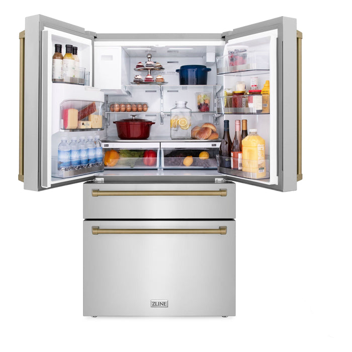 ZLINE Autograph Package - 36 In. Dual Fuel Range, Range Hood, Dishwasher, Refrigerator with Water and Ice Dispenser with Champagne Bronze Accents, 4AKPR-RARHDWM36-CB