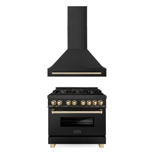 ZLINE Autograph Package - 36 In. Dual Fuel Range, Range Hood in Black Stainless Steel with Gold Accents, 2AKP-RABRH36-G