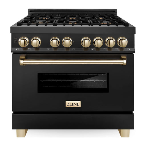 ZLINE Autograph Package - 36 In. Dual Fuel Range, Range Hood in Black Stainless Steel with Gold Accents, 2AKP-RABRH36-G