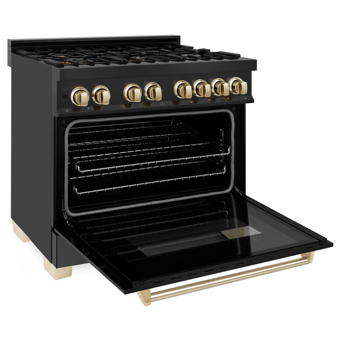 ZLINE Autograph Package - 36 In. Dual Fuel Range, Range Hood in Black Stainless Steel with Gold Accents, 2AKP-RABRH36-G