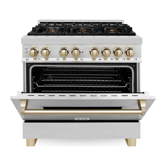 ZLINE Autograph Package - 36 In. Dual Fuel Range, Range Hood in Stainless Steel with Gold Accents, 2AKP-RARH36-G