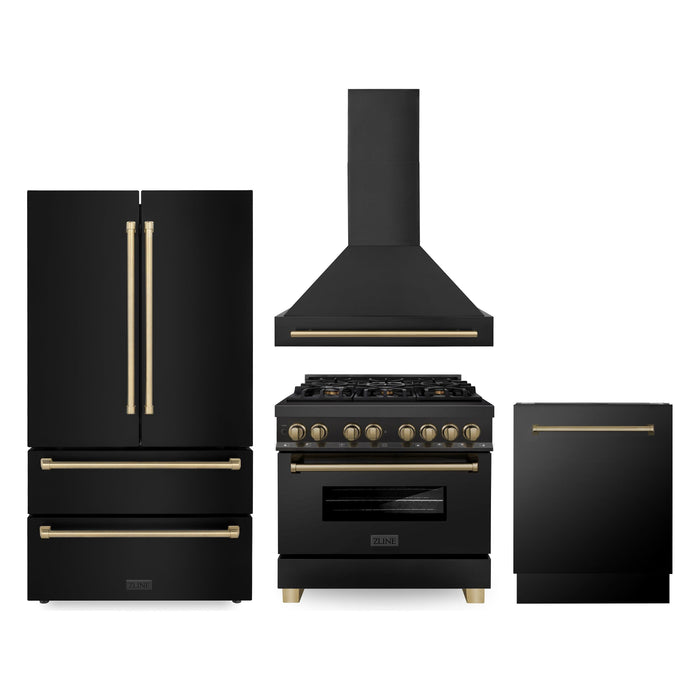 ZLINE Autograph Package - 36 In. Dual Fuel Range, Range Hood, Refrigerator, and Dishwasher in Black Stainless Steel with Champagne Bronze Accents, 4AKPR-RABRHDWV36-CB