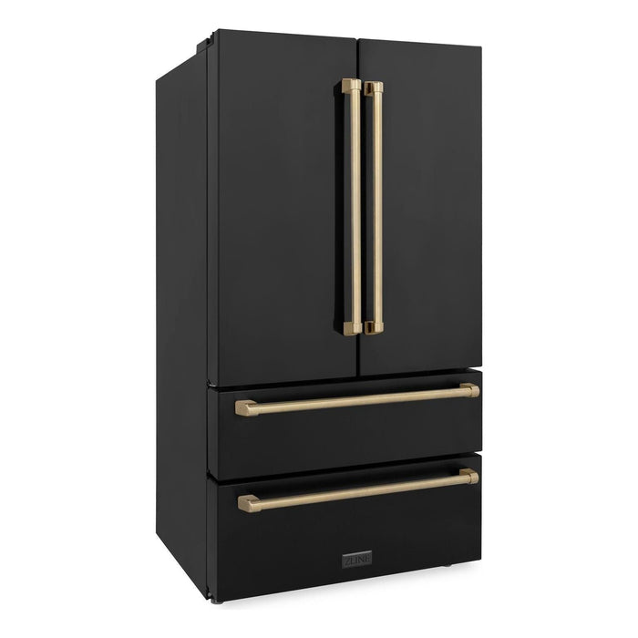 ZLINE Autograph Package - 36 In. Dual Fuel Range, Range Hood, Refrigerator, and Dishwasher in Black Stainless Steel with Champagne Bronze Accents, 4AKPR-RABRHDWV36-CB