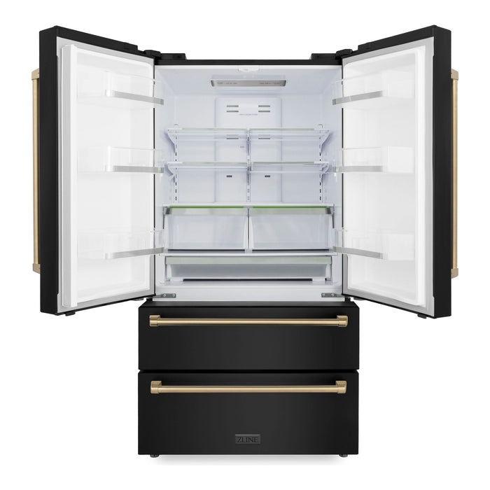 ZLINE Autograph Package - 36 In. Dual Fuel Range, Range Hood, Refrigerator, and Dishwasher in Black Stainless Steel with Champagne Bronze Accents, 4AKPR-RABRHDWV36-CB