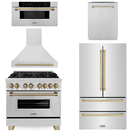 ZLINE Autograph Package - 36 In. Dual Fuel Range, Range Hood, Refrigerator, Microwave and Dishwasher in Stainless Steel with Bronze Accents