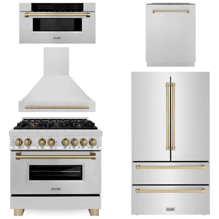 ZLINE Autograph Package - 36 In. Dual Fuel Range, Range Hood, Refrigerator, Microwave and Dishwasher in Stainless Steel with Bronze Accents