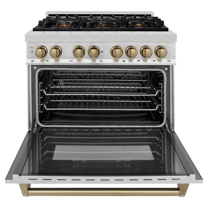 ZLINE Autograph Package - 36 In. Dual Fuel Range, Range Hood, Refrigerator, Microwave and Dishwasher in Stainless Steel with Bronze Accents