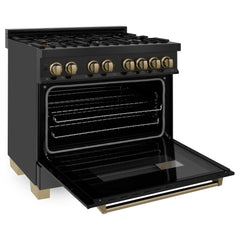 ZLINE Autograph Package - 36 In. Dual Fuel Range, Range Hood, Refrigerator with Water and Ice Dispenser, and Dishwasher in Black Stainless Steel with Champagne Bronze Accents, 4KAPR-RABRHDWV36-CB