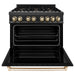 ZLINE Autograph Package - 36 In. Dual Fuel Range, Range Hood, Refrigerator with Water and Ice Dispenser, and Dishwasher in Black Stainless Steel with Gold Accents, 4KAPR-RABRHDWV36-G